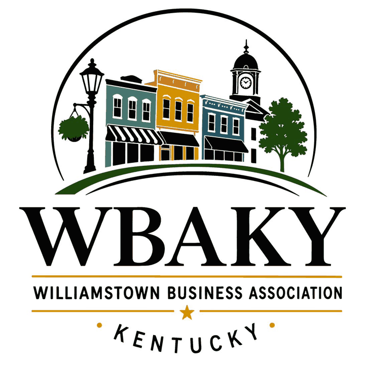 Williamstown Business Association logo: a row of colorful shopfronts and a courthouse clock tower above the letters WBAKY, Kentucky